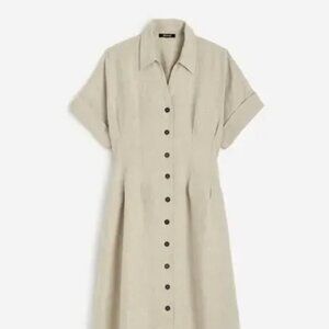 Madewell Pleated Midi Shirtdress 100% Linen A Line Minimalist Oat Beige L NWT
